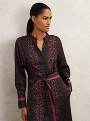 Women Snake-Print Belted Shirt Dress in Burgundy/Black