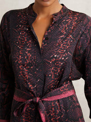 Women Snake-Print Belted Shirt Dress in Burgundy/Black