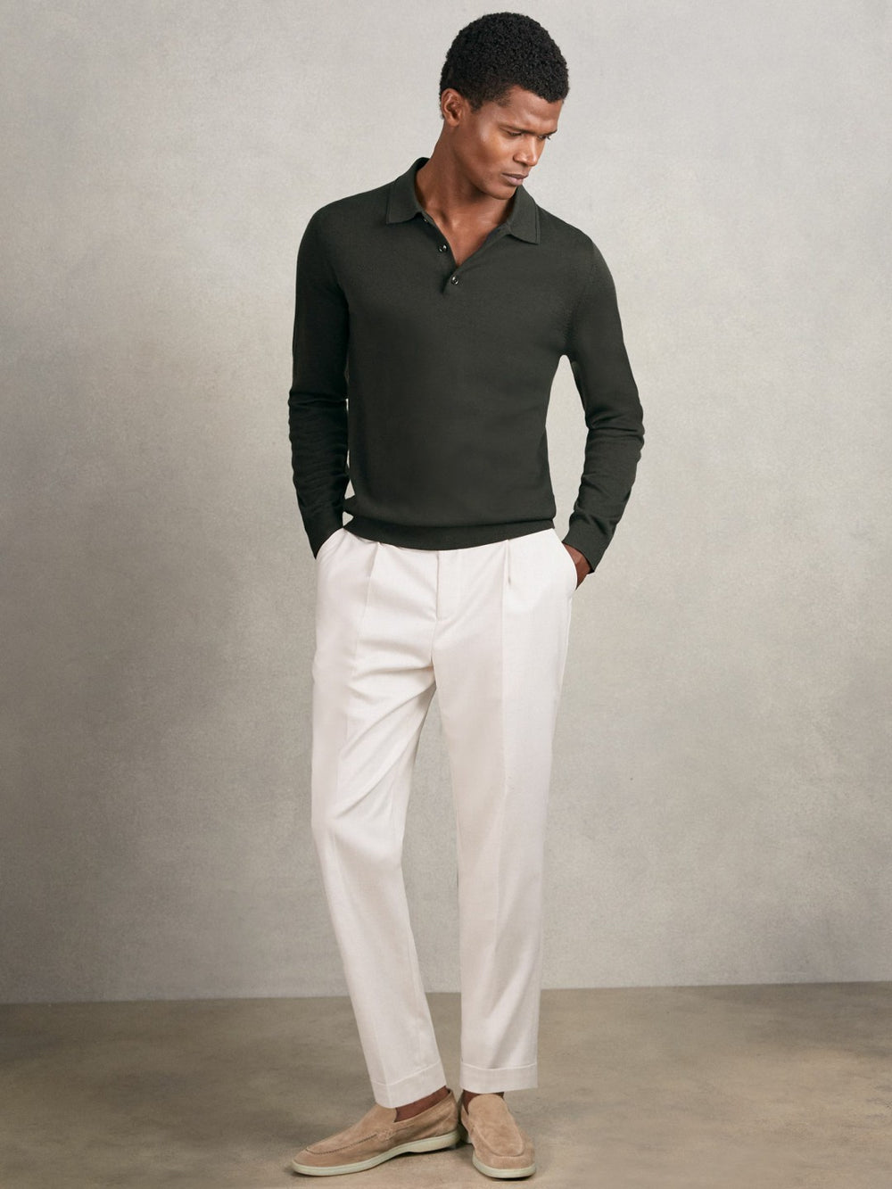 Men Merino Wool Long-Sleeve Polo Shirt in Dark Military Green