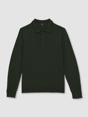Men Merino Wool Long-Sleeve Polo Shirt in Dark Military Green