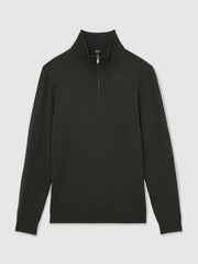 Men Merino Wool Half-Zip Jumper in Dark Military Green