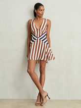 Women Stripe-Print Sleeveless Mini Dress in Brown/Navy