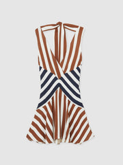 Women Stripe-Print Sleeveless Mini Dress in Brown/Navy