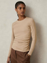 Women Cotton Long-Sleeve Ruched T-Shirt with Stretch in Camel