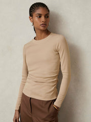 Women Cotton Long-Sleeve Ruched T-Shirt with Stretch in Camel