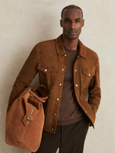 Men Suede Press Stud Trucker Jacket in Tobacco Brown