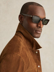 Men Suede Press Stud Trucker Jacket in Tobacco Brown