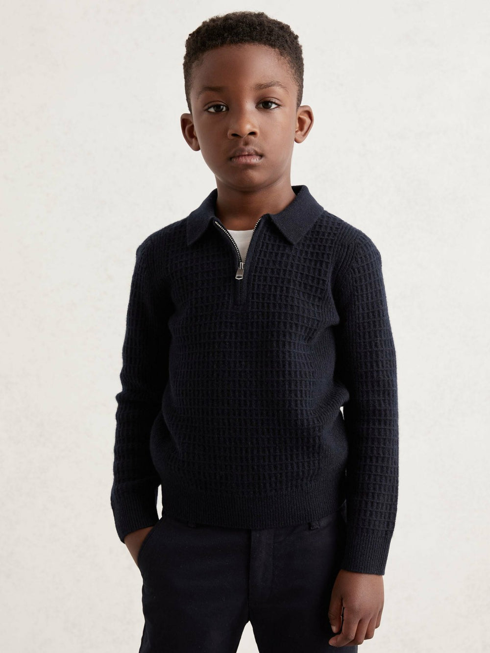 Children & Baby 3-9 yrs Wool Waffle-Knit Half-Zip Polo Shirt in Navy Blue