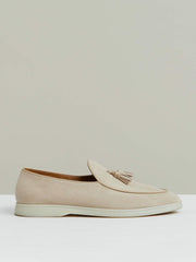 Men Suede Tassel Loafers in Light Stone