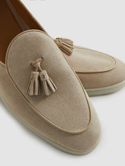 Men Suede Tassel Loafers in Light Stone