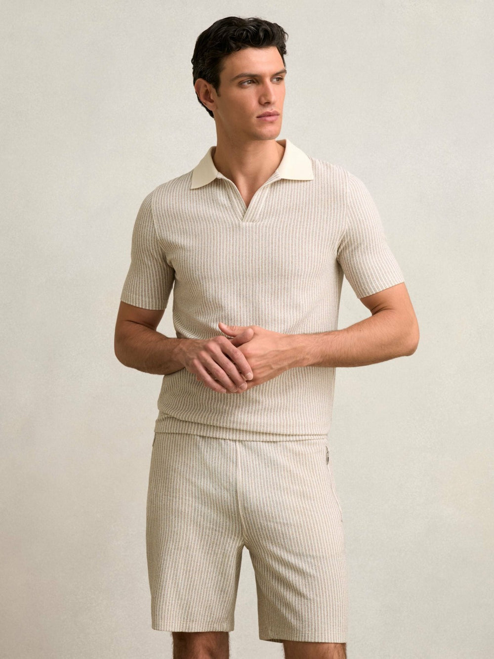 Men Cotton-Blend Stripe Drawstring Shorts in Ecru/Taupe Brown