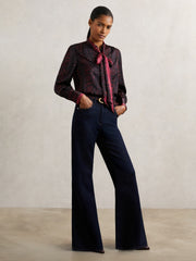 Women Snake-Print Tie-Neck Blouse in Burgundy