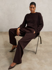 Women Petite Wide Leg Elasticated Waist Trousers in Burgundy