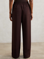 Women Petite Wide Leg Elasticated Waist Trousers in Burgundy