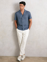 Men Jacquard-Stripe Cuban-Collar Shirt in Airforce Blue