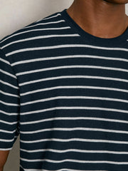 Men Cotton Textured Stripe T-Shirt in White/Navy