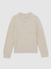 Children & Baby 13-14 yrs Cotton-Blend Rib-Knit Henley Top in Oatmeal Melange