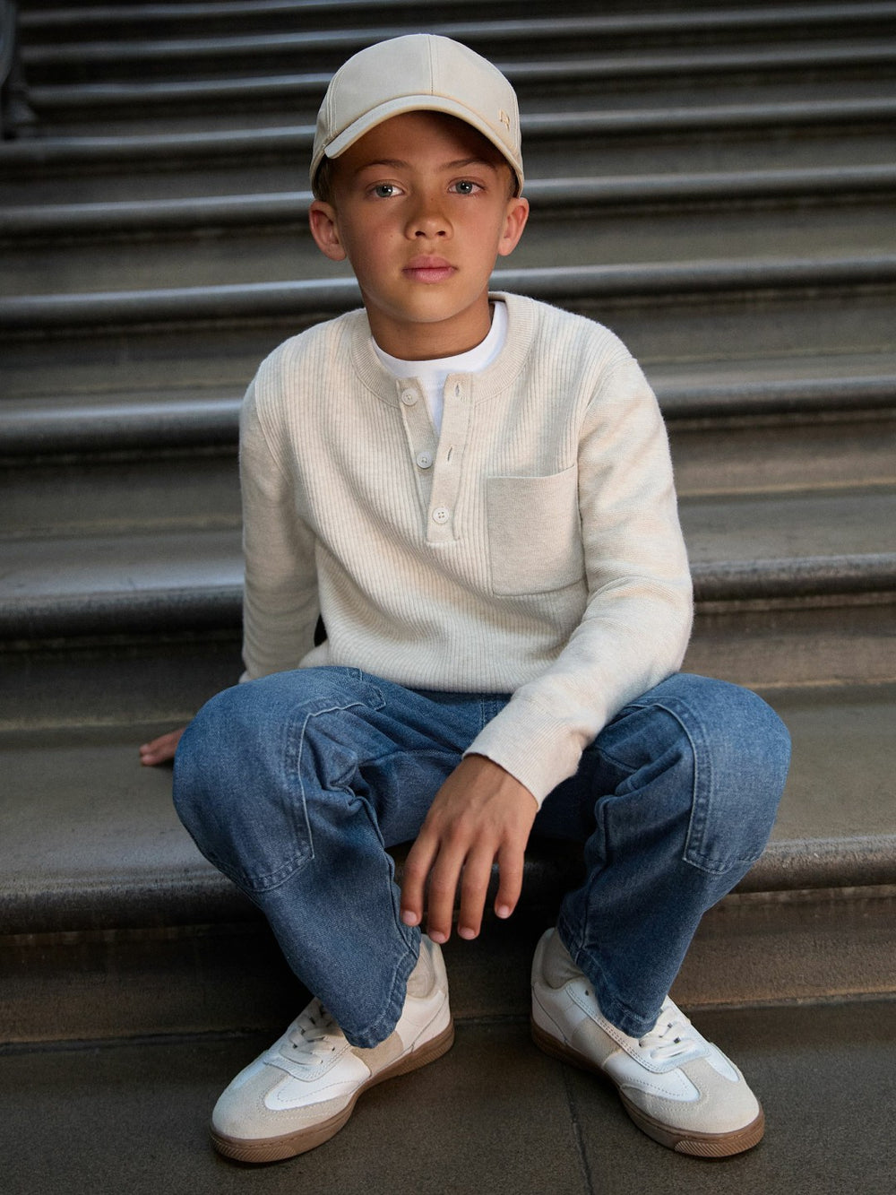 Children & Baby 3-9 yrs Cotton-Blend Rib-Knit Henley Top in Oatmeal Melange