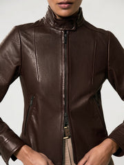Women Fitted Leather Biker Jacket in Burgundy