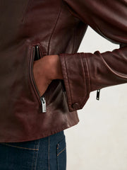 Women Fitted Leather Biker Jacket in Burgundy
