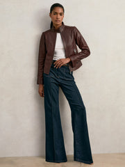Women Fitted Leather Biker Jacket in Burgundy