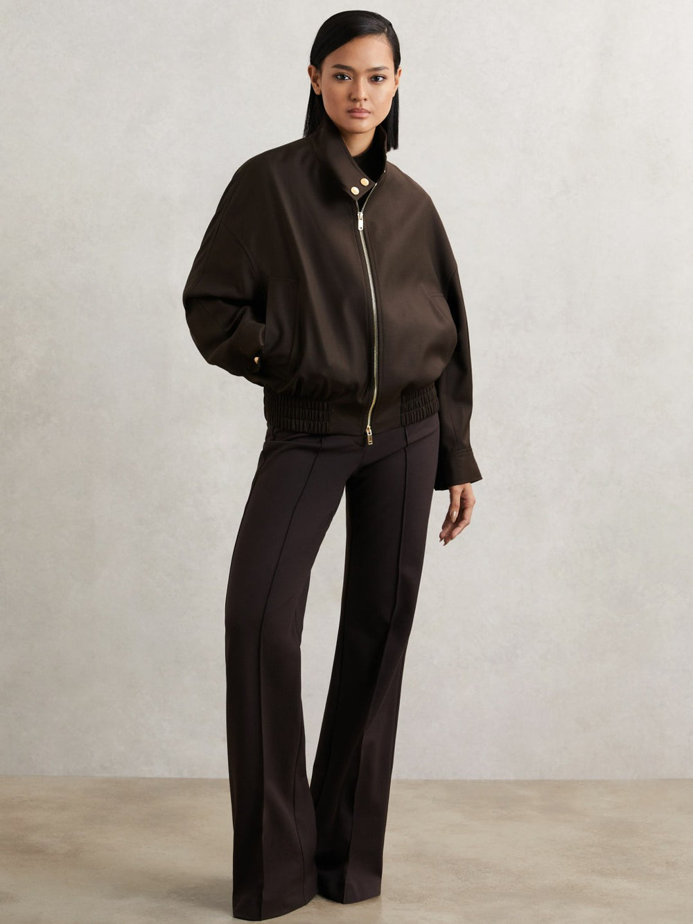 Women Wool Bomber Jacket in Chocolate Brown