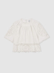 Women Linen Embroidered Swing Top in Ivory