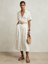 Women Petite Linen Belted Midi Shirt Dress in Ivory