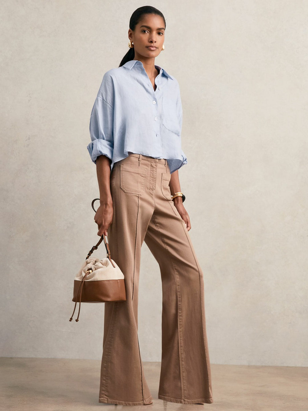 Women Oversize Linen Cropped Shirt in Blue