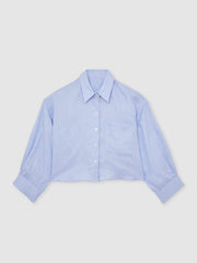Women Oversize Linen Cropped Shirt in Blue