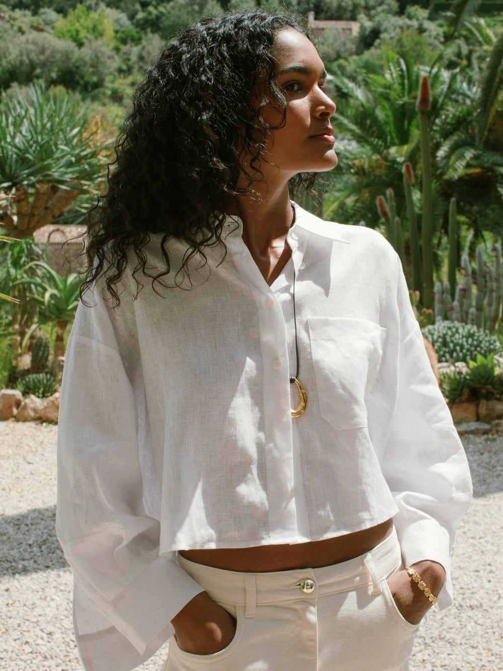 Women Oversize Linen Cropped Shirt in White