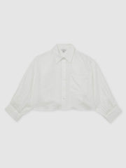 Women Oversize Linen Cropped Shirt in White