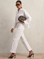 Women Oversize Linen Cropped Shirt in White