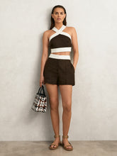 Women Linen Colourblock Shorts in Chocolate/Cream