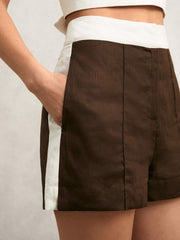 Women Linen Colourblock Shorts in Chocolate/Cream