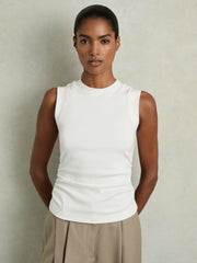 Women Ribbed Ruched Waist Vest in White