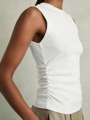 Women Ribbed Ruched Waist Vest in White