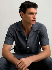 Men Textured-Stripe Cuban-Collar Shirt in Petrol Blue