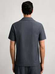 Men Textured-Stripe Cuban-Collar Shirt in Petrol Blue