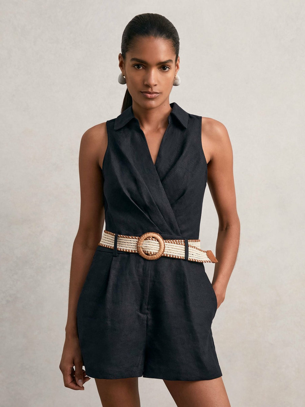 Women Linen Belted Sleeveless Wrap Playsuit in Navy