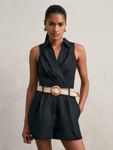 Women Linen Belted Sleeveless Wrap Playsuit in Navy