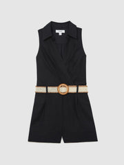Women Linen Belted Sleeveless Wrap Playsuit in Navy