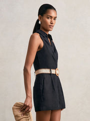 Women Linen Belted Sleeveless Wrap Playsuit in Navy