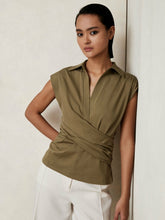 Women Stretch-Cotton Wrap-Front Collar Top in Khaki Green