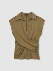 Women Stretch-Cotton Wrap-Front Collar Top in Khaki Green