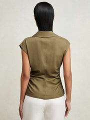 Women Stretch-Cotton Wrap-Front Collar Top in Khaki Green