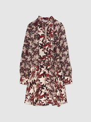 Women Printed Tie-Waist Flippy Mini Dress in Burgundy/Cream