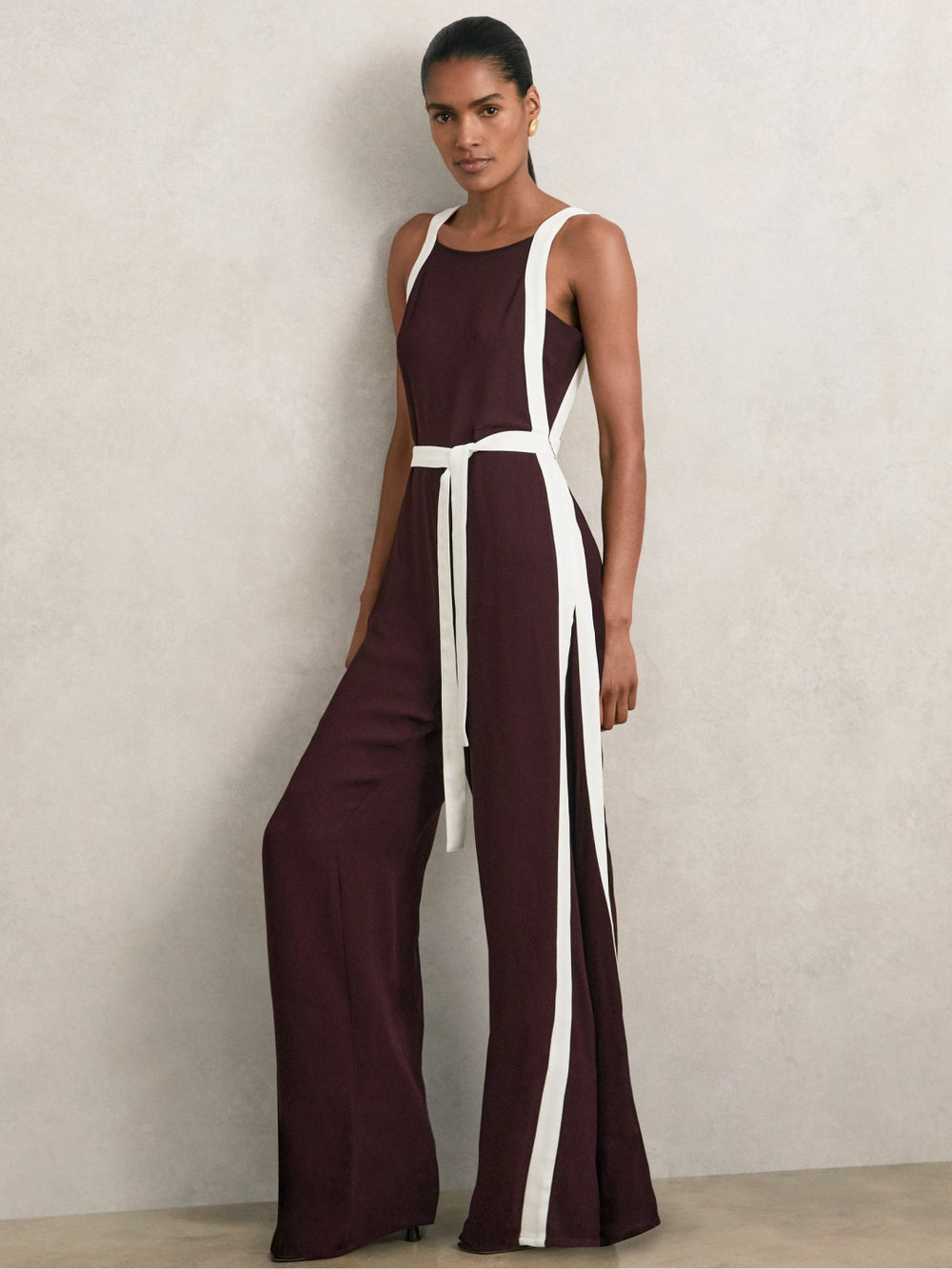 Women Colourblock Wide Leg Belted Jumpsuit in Burgundy/Cream