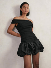 Women Off-Shoulder Puffball Mini Dress in Black