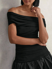 Women Off-Shoulder Puffball Mini Dress in Black